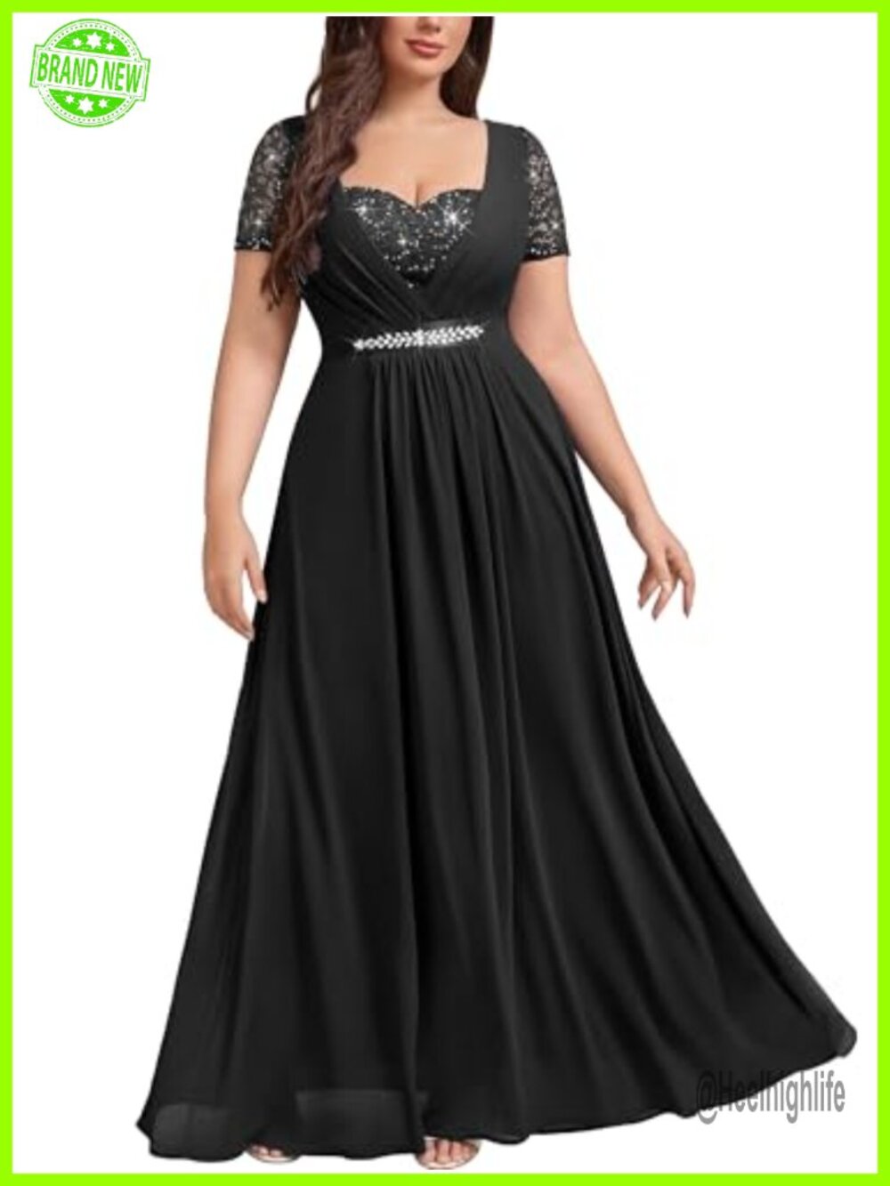 Plus Size Sequin Lace Chiffon Formal Maxi Dress A-Line Prom Evening